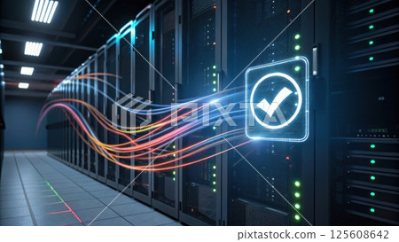 Digital server room with data flow visualization. 125608642