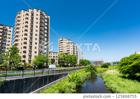 View of the Nogawa River from Omachi Bridge, near Kokuryo Station on the Keio Line, spring blue sky, Kokuryo-cho, Chofu City, Tokyo 125608755