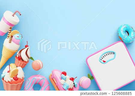 Dessert frame with scale on blue background render top view. Unhealthy diet and overweight problem concept. Sugar and junk food border of sweet cake, donut, ice cream, soda drink cup. 3D illustration Dessert frame with scale on blue background render top view. Unhealthy diet and overweight problem concept. Sugar and junk food border of sweet cake, donut, ice cream, soda drink cup. 3D illustration 125608885