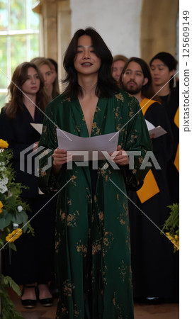 Young woman reading a speech during a graduation ceremony 125609149