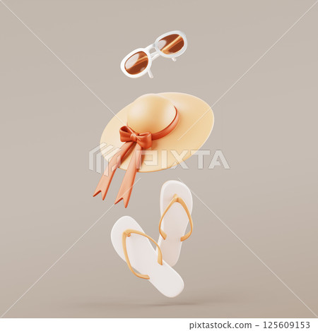 Women fashion clothes and accessory for summer vacation. Beach hat with brown ribbon and bow, sunglasses, white flip flop shoes on pastel beige background. Holiday travel render set. 3D illustration Women fashion clothes and accessory for summer vacation. Beach hat with brown ribbon and bow, sunglasses, white flip flop shoes on pastel beige background. Holiday travel render set. 3D illustration 125609153