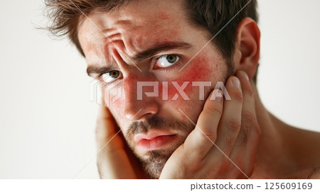 Young man suffering from erythrophobia, blushing and touching face 125609169