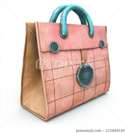 Pink leather handbag with turquoise handles standing on white background 125609185