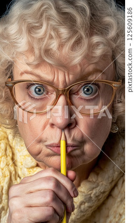Senior Woman Holding Pencil Under Nose Making Funny Face 125609186