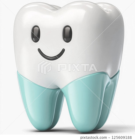 Smiling cartoon tooth promoting dental health and hygiene 125609188