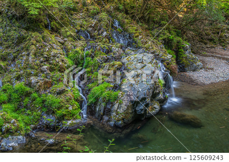 A small waterfall flowing into the clear stream of Kiyotaki River in Kyoto, Ukyo Ward, Kyoto City A small waterfall flowing into the clear stream of Kiyotaki River in Kyoto, Ukyo Ward, Kyoto City 125609243