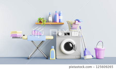 Laundry room interior with washing machine, dirty clothes in basket, detergent bottles on shelf render. Bathroom with ironing board, iron, clean towels stack, brush, soap foam bucket. 3D illustration 125609265