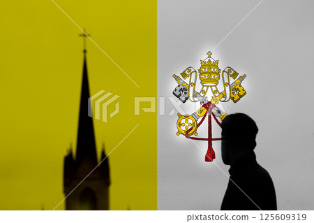 Pope at the Vatican with waving Vatican flag in the background, symbolizing Catholic faith, leadership, and tradition Pope at the Vatican with waving Vatican flag in the background, symbolizing Catholic faith, leadership, and tradition 125609319