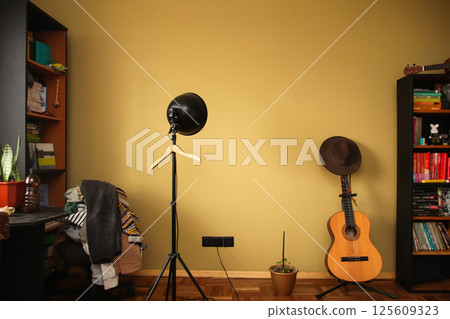 Artistic interior room with books, guitar, and lamp in cozy cluttercore style, featuring olive-colored walls and a softly blurred background for a warm, creative atmosphere 125609323