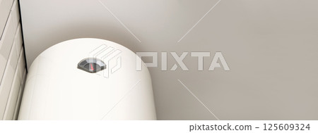 Modern hot water boiler on a bathroom wall with steam rising, symbolizing warmth and comfort, with copy space for banner use Modern hot water boiler on a bathroom wall with steam rising, symbolizing warmth and comfort, with copy space for banner use 125609324
