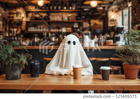 Cute ghost holding coffee on a bright Halloween day, festive background with chocolate, tea, and party design elements in white 125609373