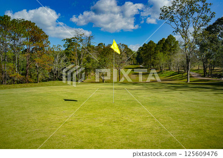 Background of evening golf course has sunlight shining down at golf course. 125609476