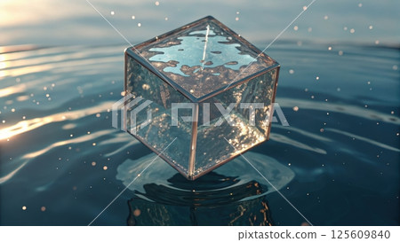technology background concept, Floating transparent cube in water with ripples. 125609840