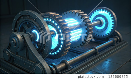 technology background concept, Futuristic mechanical gear system with glowing elements 125609855