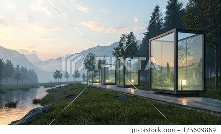 technology background concept, Modern glass structures in a natural landscape 125609869
