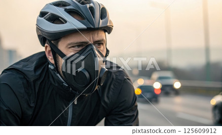 air pollution PM2.5 concept, Cyclist wearing a mask on a busy road air pollution PM2.5 concept, Cyclist wearing a mask on a busy road 125609912