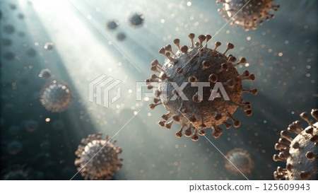 air pollution PM2.5 concept, Microscopic view of floating viruses in light 125609943