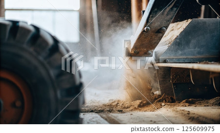 air pollution PM2.5 concept, Machinery working with sawdust in a workshop environment 125609975