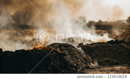 air pollution PM2.5 concept, Smoke rising from burning compost piles outdoors 125610028