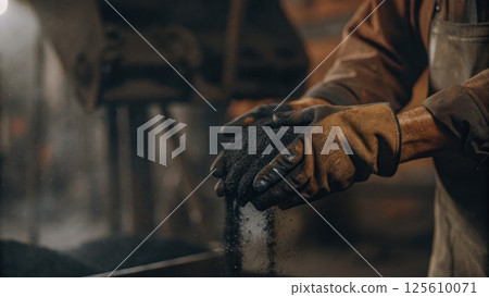 air pollution PM2.5 concept, Hands in gloves handling black material indoors 125610071