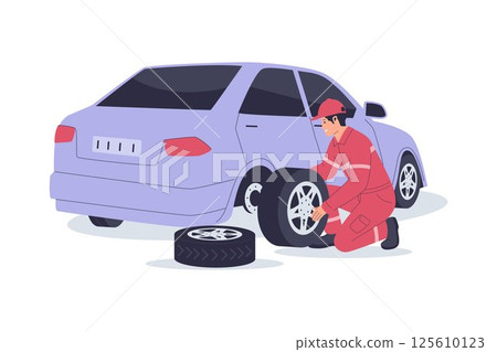 Illustration of Mechanic Changing Car Tire 125610123
