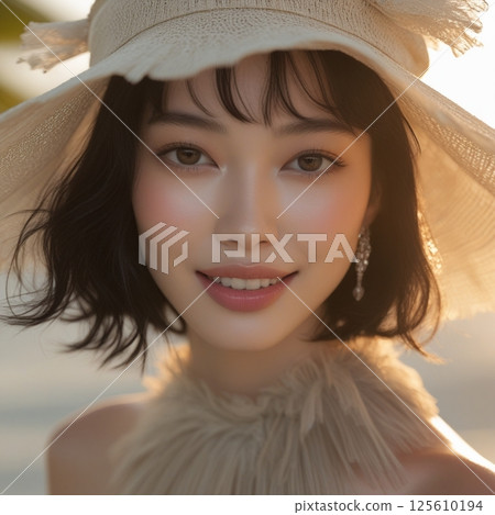 Portrait of a woman walking on the beach at sunset 125610194