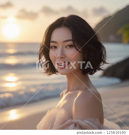 Portrait of a woman walking on the beach at sunset 125610195