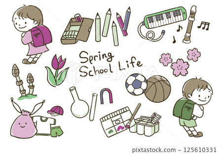 一個背著書包、春天植物和學習用品的孩子 125610331
