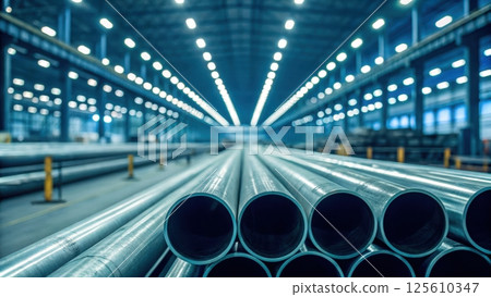 Industrial manufacturing concept, Industrial pipes in a warehouse setting 125610347