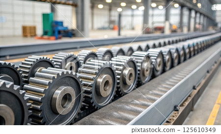 Industrial manufacturing concept, Industrial gears on a conveyor belt in a factory. 125610349