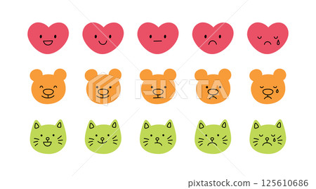 Cute doodle heart, cat and bear face icon set. Smile, sad and cry heart. Cat kawaii emoji. Hand drawn bear emoticon. Good and bad mood. Vector illustration isolated on white background 125610686