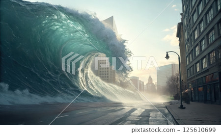 tsunami concept, Massive wave crashing in an urban landscape. 125610699