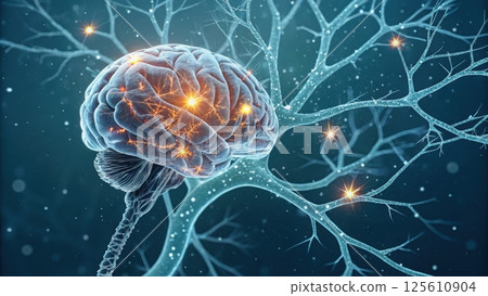 Brain connected to neural pathways and glowing synapses 125610904