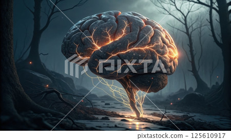 Surreal brain glowing in a dark forest setting 125610917