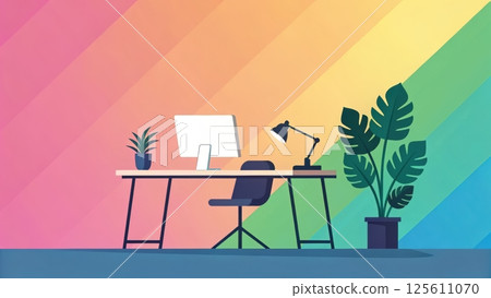 gradient modern background, Colorful workspace with plants and computer setup 125611070