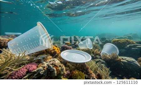 ocean plastic pollution concept, Underwater plastic pollution harming coral reefs. 125611110
