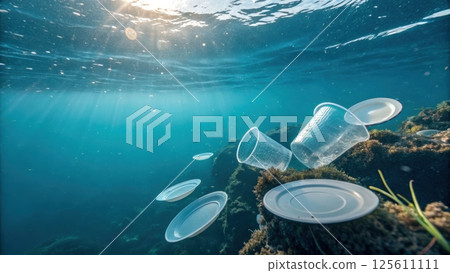 ocean plastic pollution concept, Underwater plastic pollution with cups and plates. 125611111