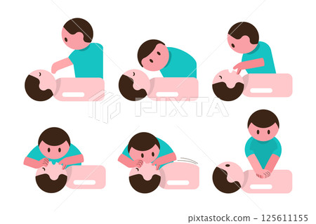 CPR . Cardiopulmonary resuscitation guideline . Include chest compression, open airway and rescue breathing . Flat design cartoon characters . Isolate white background . Vector . 125611155