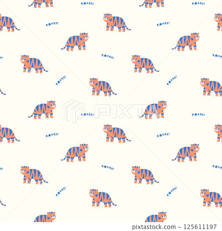 Seamless pattern with cute safari animals, including a tiger, and lettering. Stylish children s print, small wallpapers, hand drawn vector illustration for kids babies 125611197