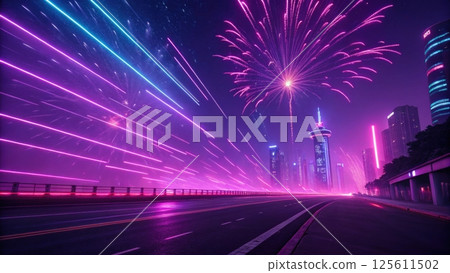 Vibrant cityscape with fireworks and laser lights 125611502