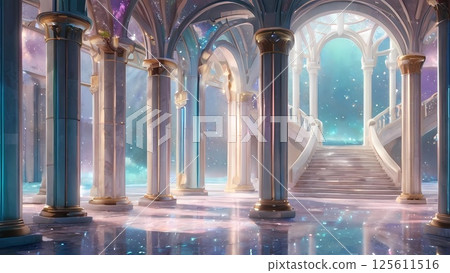 Game background: Scenery of the glittering palace hall in the heavens 125611516