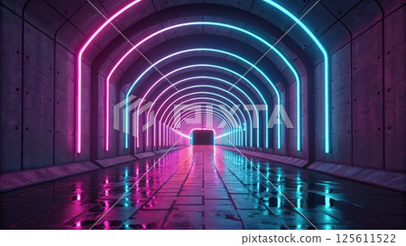 Futuristic background concept, Neon-lit tunnel with reflective floor surfaces 125611522