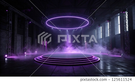 Futuristic background concept, Futuristic stage with purple lighting and fog effects Futuristic background concept, Futuristic stage with purple lighting and fog effects 125611524