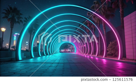 Futuristic background concept, Neon-lit archway in a nighttime setting 125611576