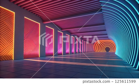 Vibrant neon-lit corridor with abstract patterns 125611599