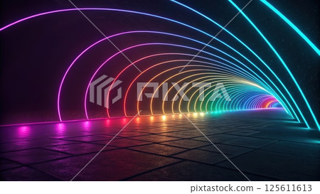 Vibrant neon tunnel with colorful lights Vibrant neon tunnel with colorful lights 125611613