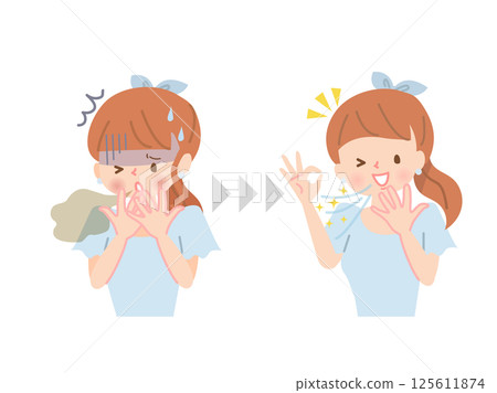 Woman with bad breath before and after 125611874