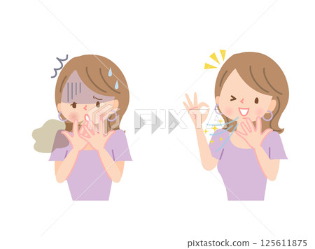 Woman with bad breath before and after 125611875