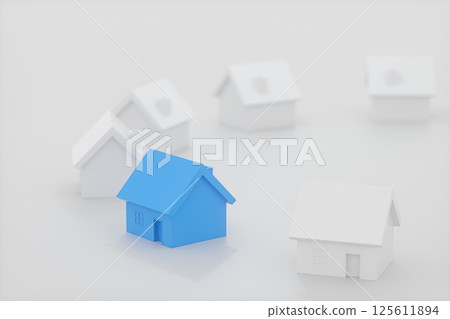 A small blue house model beside the white houses, 125611894