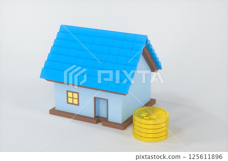 The small house model beside the golden coins, 3d The small house model beside the golden coins, 3d 125611896